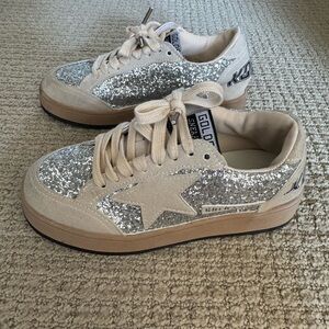 Beige and Silver Glitter Sneakers